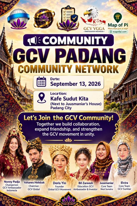 A promotional poster for "GCV PADANG COMMUNITY NETWORK" event on September 13, 2026, at Kafe Sudut Kita in Padang City, featuring GCV ambassadors Nonny Padja, Yohanes Helebak, Doris Yin, Bii Zareshi, Jussmaniar, and Elvira.
