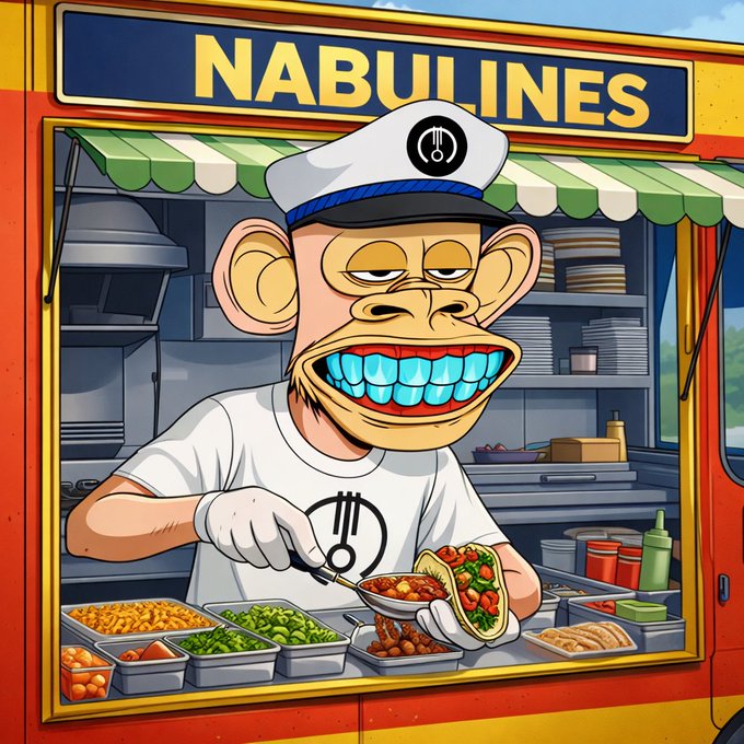 The image features a cartoon monkey wearing a chef's hat, standing behind a food truck that sells tacos. The monkey appears to be serving customers from the window of the truck. The text "GM &HTT Everyone who wants tacos? this stand is reserved for the real ones in @nabulines" suggests that the food truck serves only genuine taco lovers and not fake or cartoon characters, as indicated by the monkey's hat.