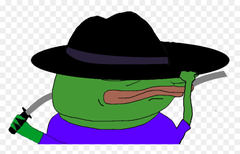 A cartoon illustration features a green frog-like character wearing a black hat and purple shirt, holding a knife in one hand and a green bottle in the other.