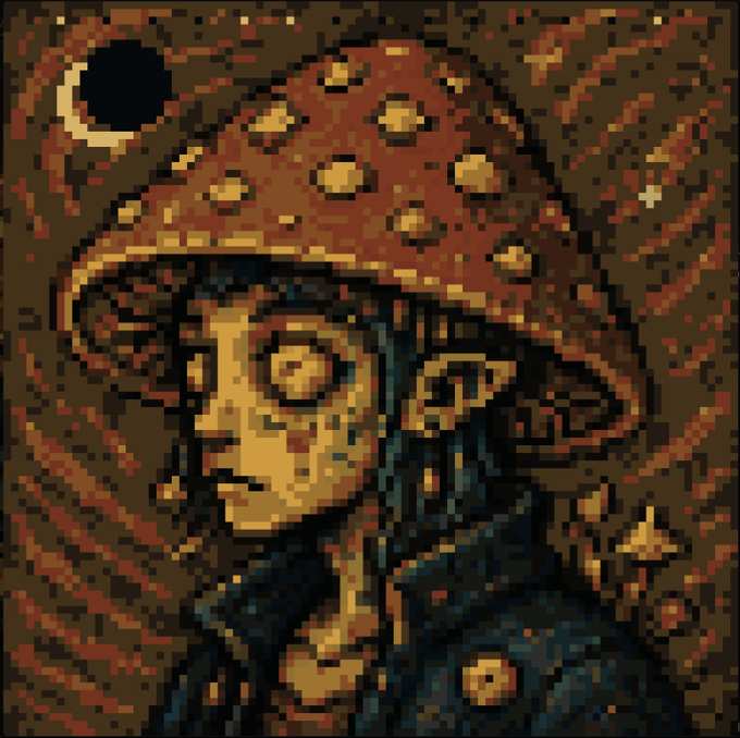 A pixel art illustration of a figure wearing a large mushroom-shaped hat with yellow spots, featuring blue hair and a somewhat grotesque, zombie-like face against a dark starry background.