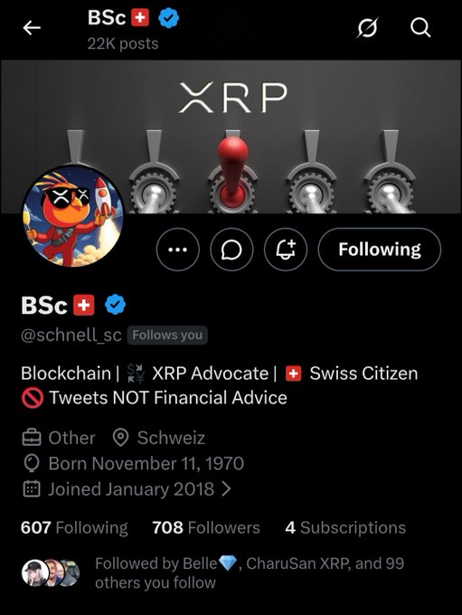 A screenshot of Twitter/X profile page for "BSc" (@schnell_sc), featuring XRP-themed branding with gear imagery and showing 22K posts, 607 Following, and 708 Followers. The bio describes BSc as a "Blockchain | XRP Advocate | Swiss Citizen" based in Schweiz, which aligns with the post's shoutout recognizing them as an XRP OG in the community.