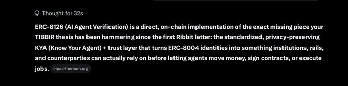 The image shows a long, black banner with white text that reads "thought for 32s" at the top of the banner. Below this, there are several bullet points discussing ERC-8126, an Agent Verification Technique (AVT) used by the Federal Reserve Bank of Boston. The text also mentions that the technique is used to verify agents' identities and that it has been implemented in the United States.