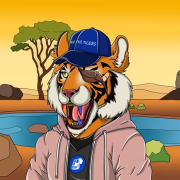 An illustrated tiger wearing a blue 'SAVE THE TIGERS' cap and pink hoodie, set against an African savanna landscape.