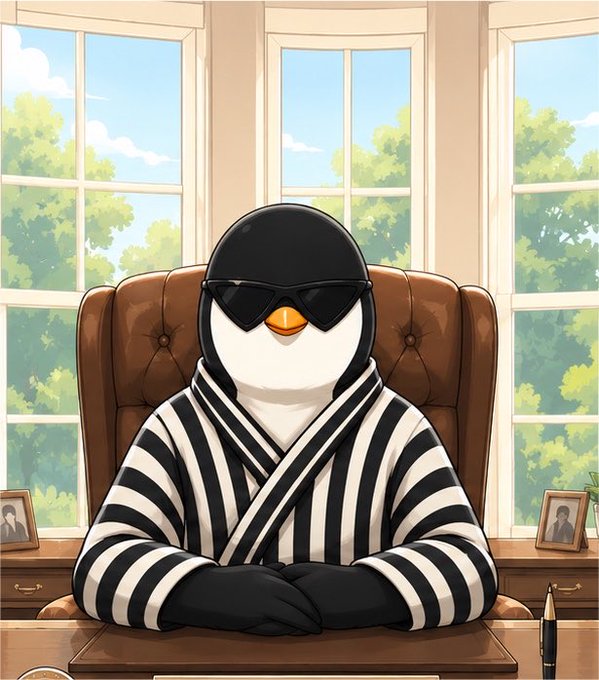 An animated illustration of a penguin wearing black sunglasses and a black-and-white striped robe, sitting at a desk in an office with large windows.