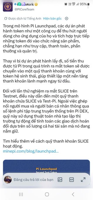 A Vietnamese-translated tweet from Pi Network (@PiCoreTeam) about Pi Launchpad launching with fair token distribution, referencing a SLICE token testnet experiment with TestPi and DEX integration, linking to minepi.com/blog/launchpad.