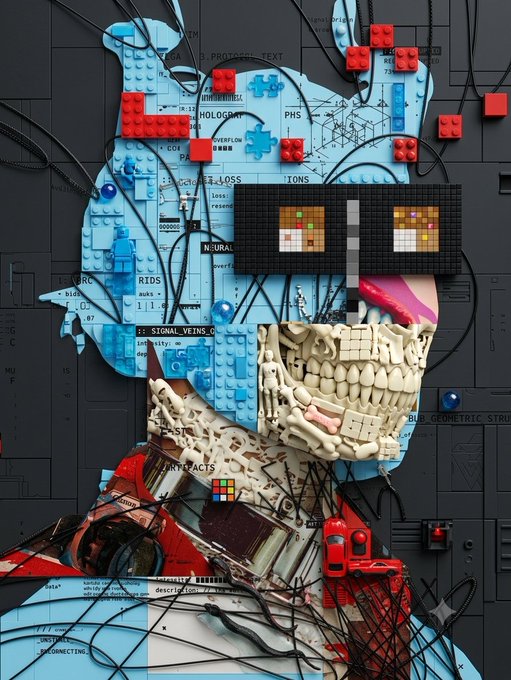 An artistic mixed-media portrait of a figure constructed from LEGO bricks, puzzle pieces, skull fragments, and technical diagrams, with pixelated sunglasses displaying colorful squares.