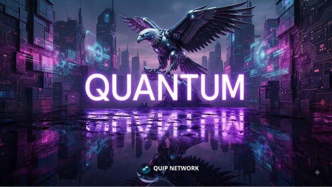 A futuristic cyberpunk-style graphic with a mechanical eagle, the word 'QUANTUM' in glowing letters, and the logo 'QUIP NETWORK' at the bottom.