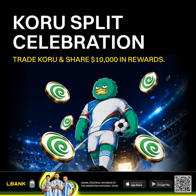 LBank promotes its "KORU SPLIT CELEBRATION" campaign with the tagline "TRADE KORU & SHARE $10,000 IN REWARDS," featuring a green mascot in soccer gear holding a ball alongside KORU coins, tying into a football-themed giveaway tied to the token's launch on the exchange.