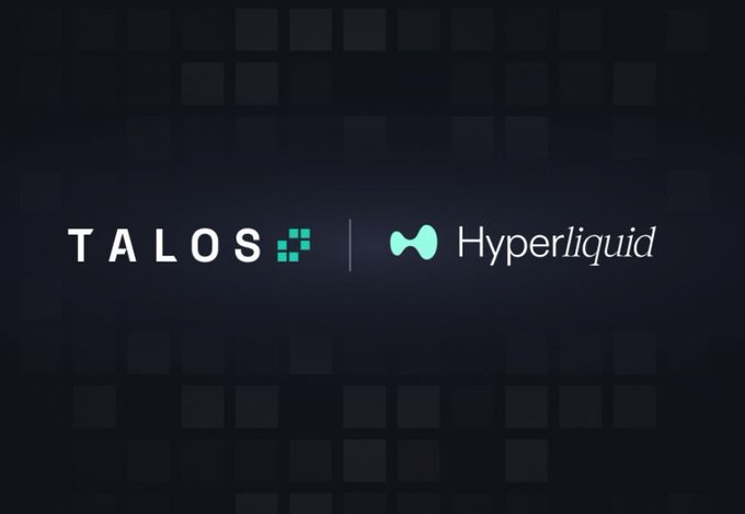 The image features a logo that says "Talos" above a logo of a blue and green bubble, which reads "HYPERLiquid". The Talos logo is positioned at the top left corner of the image, while the bubble logo is located in the bottom right corner. Both logos are displayed against a black background with white squares. The text "Institutional adoption of 𝐴𝐵𝐶𝐰𝐲" and "𝐴𝐵𝐶𝐰𝐲" can be seen, which likely describe the partnership between Talos and Hyper Liquid.