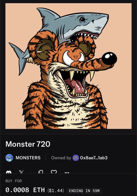 A digital NFT listing titled "Monster 720" features a fierce, roaring orange tiger-fox hybrid creature with a shark resting on its head, currently priced at 0.0008 ETH ($1.44) with 59 minutes remaining, owned by 0x8ae7...1ab3, as referenced in the accompanying post about a "Tony the Tiger skin" on the Monsters OpenSea collection.