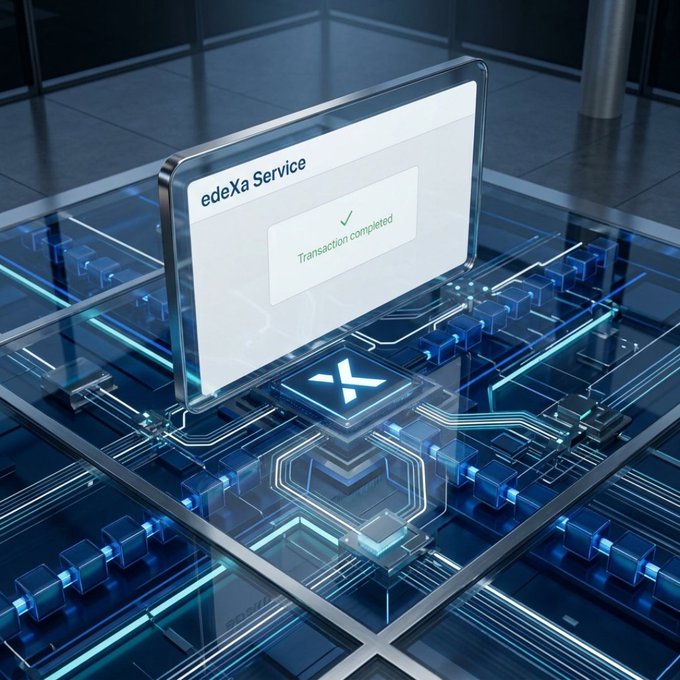 A futuristic 3D digital rendering shows a holographic display reading 'edeXa Service' with 'Transaction completed' and a green checkmark, set above an illuminated circuit board with an X-shaped logo.