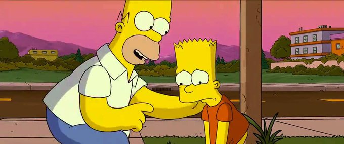 A scene from The Simpsons showing Homer and Bart Simpson standing outside at sunset, with Homer appearing to comfort or examine Bart.