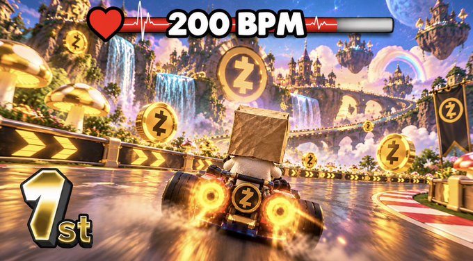 A vibrant racing game screenshot showing a kart in 1st place with a box-shaped character, displaying "200 BPM" health bar and Z-coins in a fantasy track setting.