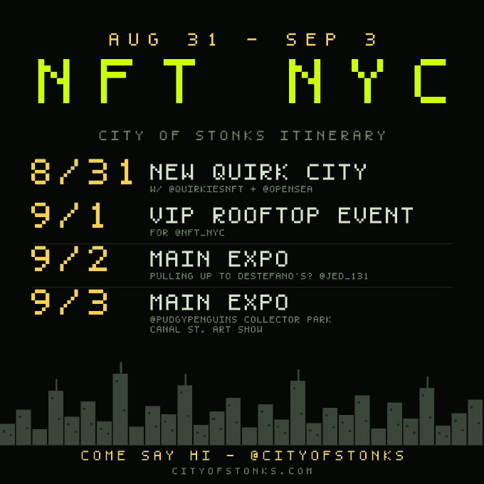 A pixel-art style itinerary for 'NFT NYC' from 'CITY OF STONKS' listing events from Aug 31 to Sep 3, including 'NEW QUIRK CITY', 'VIP ROOFTOP EVENT', and 'MAIN EXPO'.