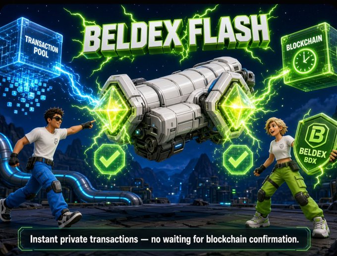 A promotional graphic titled 'BELDEX FLASH' shows two cartoon characters flanking a futuristic vehicle, with text reading 'Instant private transactions — no waiting for blockchain confirmation.'