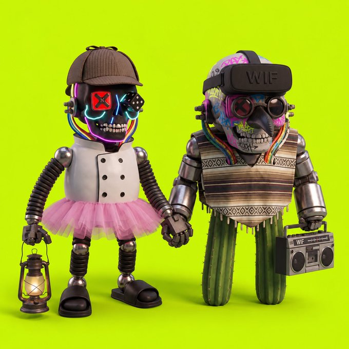 Two 3D-rendered robotic characters on a bright green background; the left robot wears a detective cap and pink tutu, while the right robot wears a VR headset labeled 'WIF' and holds a matching boombox.