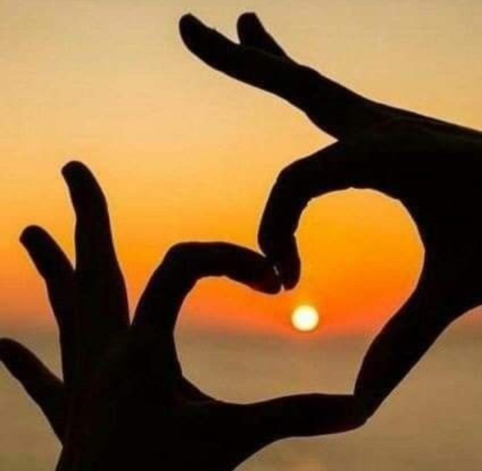 Two silhouetted hands form a heart shape, framing a glowing sunset over the ocean. The romantic, peaceful imagery complements the post's warm "good night" message, symbolizing love and rest while gently teasing followers about their portfolio performance before signing off.
