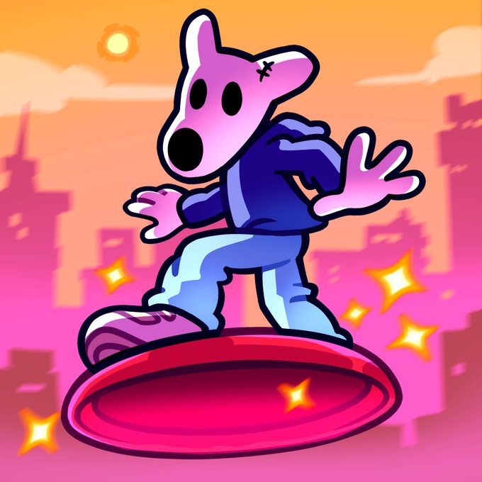 The image features a cartoon dog riding a red surfboard with its arms outstretched as if surfing on air, surrounded by buildings and stars. The caption below the image reads "Tick-tock Just a few days left to claim your spot on the Disc Trickster leaderboard ... If you'r going too fast, we won't judge Press start before the disc lands t.me/dogshouse_bot?".