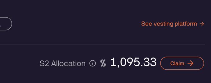 The image displays a vesting platform interface showing an S2 Allocation of 1,095.33 SLX tokens, alongside a "Claim" button and "See vesting platform" link. This corresponds to the post noting the user's eligibility for 1,095 SLX in Solstice S2, worth roughly $100 at a $0.09 price, with the claim feature not yet active and only allocation viewing available.