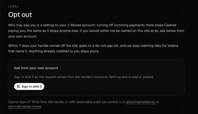 A website screenshot showing an 'Opt out' legal page for cashed.money, explaining how to remove a name from the site and stop fees, with a 'Sign in with X' button.