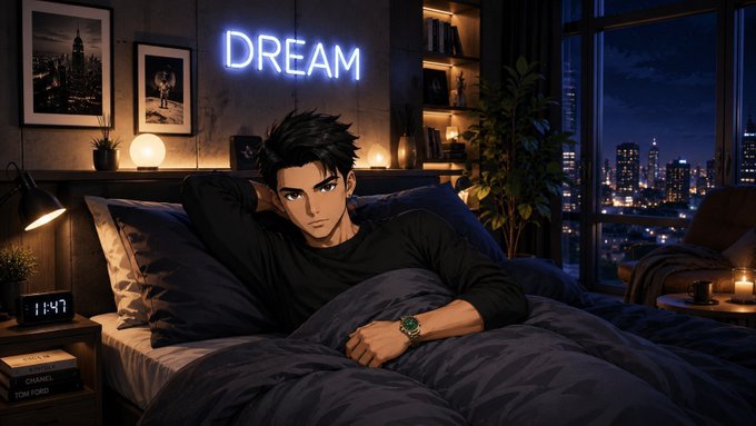 An anime-style illustration of a dark-haired young man lying in bed in a modern apartment with a glowing 'DREAM' neon sign and city lights in the window.