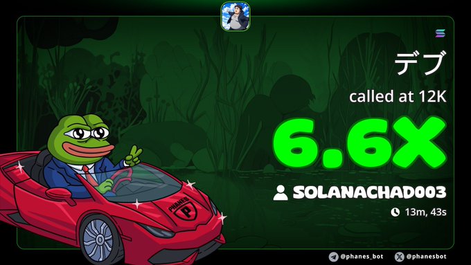 The image features a cartoon frog wearing glasses, driving a red sports car with the number 6 on its side. The background of the image is green, which complements the cartoon frog's outfit. In the bottom right corner of the image, there is text that reads "6x profits on my alpha call on #solana #Degen". This text seems to be related to a post or social media account about the cartoon frog and its adventures in the red sports car.