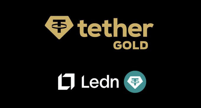Promotional graphic on black background showing the Tether Gold (XAUT) logo at top and the Ledn platform logo at bottom, indicating a partnership or integration between the two.