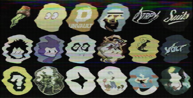 A grid of distorted, pixelated circular icons with glitchy chromatic aberration effects, featuring logos and stylized images including one that reads "Army of Suids."