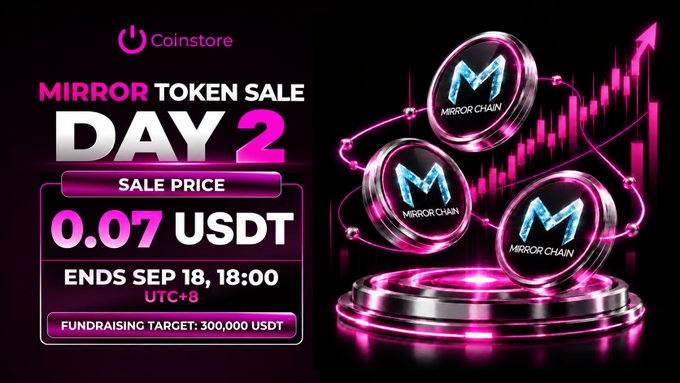 A Coinstore promotional banner for the Mirror Token (MIRROR CHAIN) Sale Day 2 at 0.07 USDT, ending September 18.