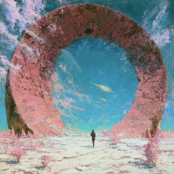 A surreal painted landscape features a massive pink rock arch framing a blue sky, with a small figure standing in a pale, flower-dotted foreground.
