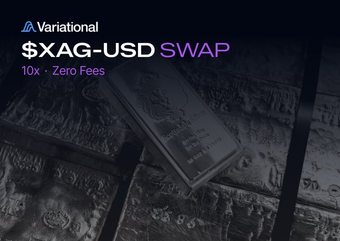 A promotional banner for 'Variational' advertising a '$XAG-USD SWAP' product with '10x · Zero Fees', displayed over a dark background of silver bullion bars and a Scottsdale Mint silver bar.