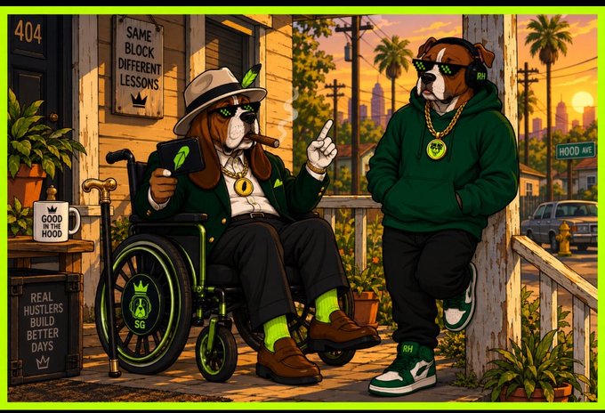 An illustrated cartoon depicting two anthropomorphic dogs dressed in streetwear—one in a wheelchair wearing a hat and suit, the other in a green hoodie and gold chain—on a porch with signs reading 'SAME BLOCK DIFFERENT LESSONS' and 'REAL HUSTLERS BUILD BETTER DAYS'.