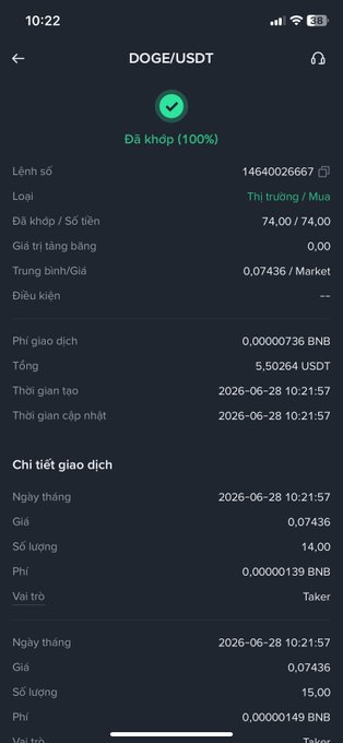 A screenshot of a completed DOGE/USDT trade confirmation showing 74 DOGE purchased at an average price of 0.07436 for 5.50264 USDT, dated June 28, 2026, with the post dedicating this birthday gift purchase of Dogecoin to Elon Musk.