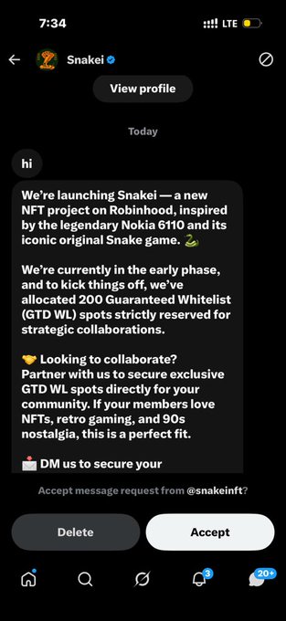 A Twitter/X DM from 'Snakei' announcing the launch of a new NFT project called 'Snakei' on Robinhood, inspired by the Nokia 6110 Snake game, offering 200 Guaranteed Whitelist (GTD WL) spots for collaboration partners.