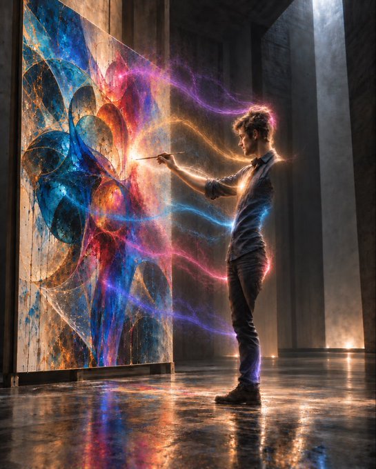 A man stands in a dimly lit room painting a large canvas, with magical, colorful energy streams flowing from his brush to the artwork.