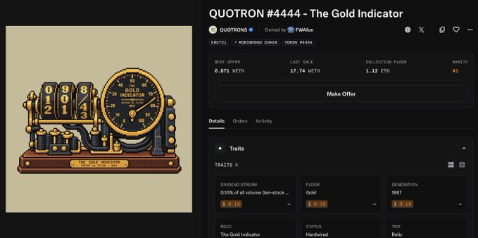 This is a screenshot of an NFT marketplace listing for QUOTRON #4444, titled "The Gold Indicator," showing a best offer of 0.671 ETH against a last sale of 17.74 ETH on a collection floor of 1.12 ETH, with rarity rank #1. The image displays a pixel-art golden mechanical device labeled "The Gold Indicator" alongside details like the "Dividend Stream" trait and ticker symbol QUOTRON.