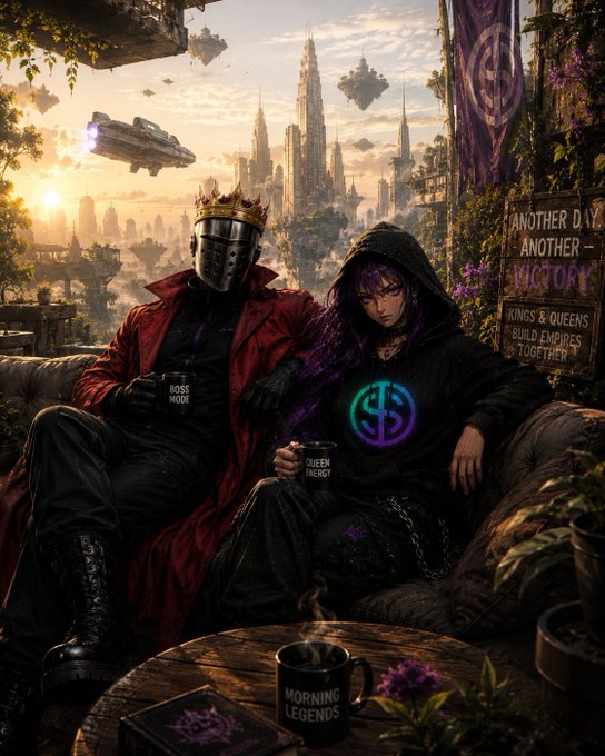 A fantasy digital artwork featuring two characters sitting on a couch in a medieval-futuristic setting: a king in armor with crown and red cape holding a 'BOSS MODE' mug, and a hooded figure with purple hair holding a 'QUEEN ENERGY' mug.