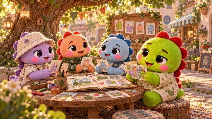 Four colorful, cute cartoon dinosaur plush characters sit around a wooden table in a whimsical outdoor village setting, looking at cards and an open book.