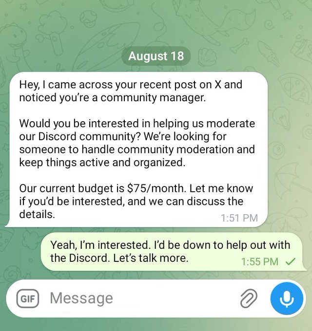 A messaging app conversation on August 18 where someone offers a community manager a Discord moderation role with a $75/month budget, and the recipient responds positively at 1:55 PM.