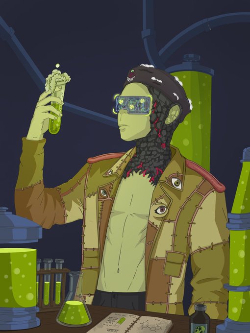 Stylized illustration of a reptilian humanoid character wearing safety goggles and a patched jacket, examining a bubbling green test tube in a laboratory filled with glowing green chemical equipment.