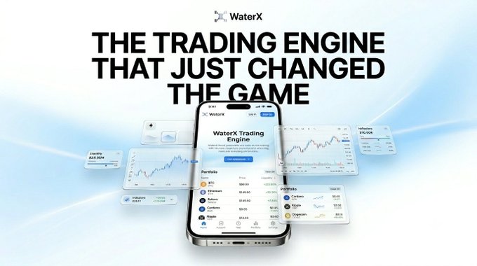 The image features a phone displaying WaterX X cryptocurrency trading platform with its logo at the bottom of the screen, along with the phrase "WaterX" written above it. The background has a blue color scheme and shows various charts and figures related to cryptocurrency trading activities on sui. The focus is on this new feature of the app and how it might impact users' experience or market strategies.
