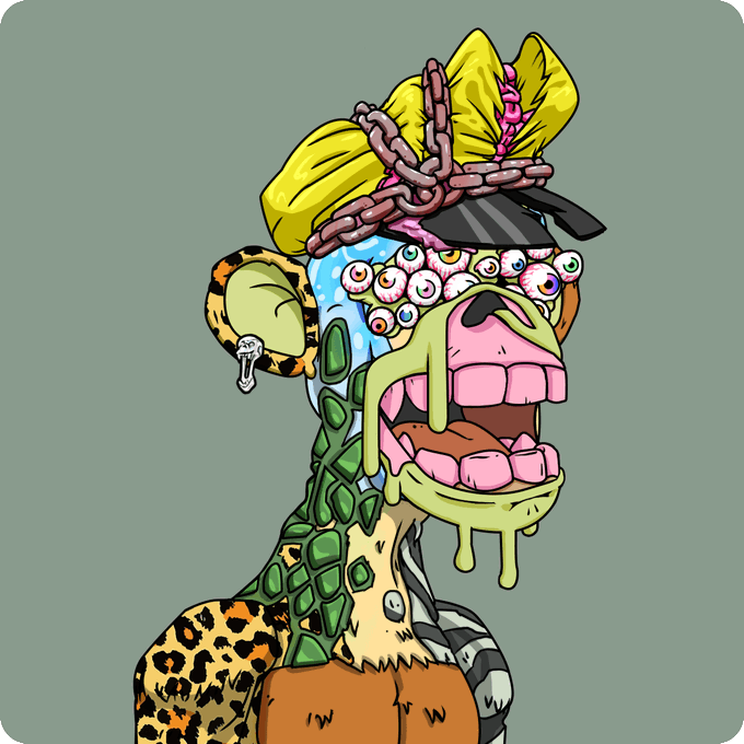 A cartoonish, surreal portrait of a figure with a gaping mouth full of eyeballs, wearing a yellow bow wrapped in chains, set against a solid green background.