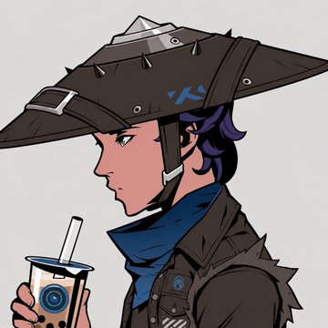 An anime-style character with purple hair wearing a wide-brimmed spiked helmet and dark jacket holds a cup of bubble tea, with no visible text matching the "ARC NFT COLLABORATION" post details. The image appears unrelated to the listed NFT project mentions like @ArcSharks, @ARChitects_xyz, or @ArclingsNFT.