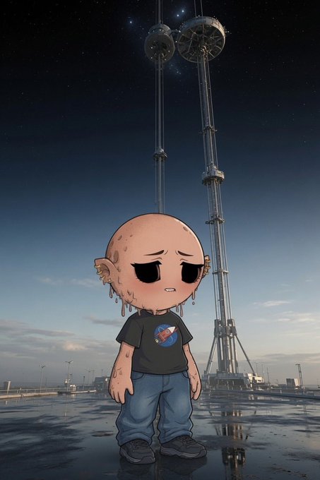 Digital illustration of a sad-looking chibi character with dripping skin wearing a NASA t-shirt, standing in front of a large launch tower at dusk.