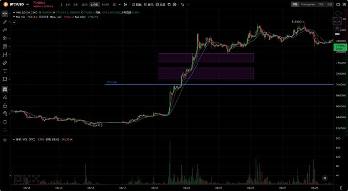 A BTC/USD candlestick chart on the TradingView platform showing a sharp upward trend reaching around 81,6163, with purple highlighted zones and moving averages.