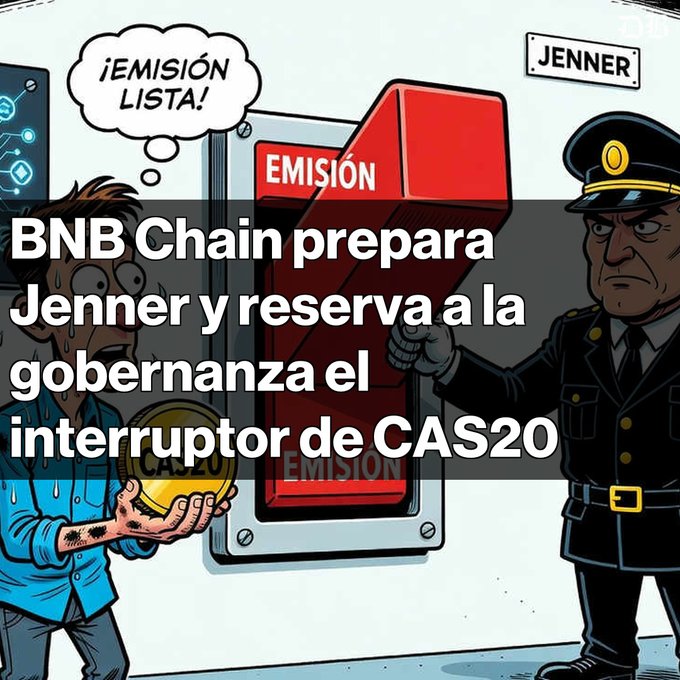 A cartoon with Spanish text 'BNB Chain prepara Jenner y reserva a la gobernanza el interruptor de CAS20,' depicting a character labeled 'JENNER' about to pull a large red 'EMISIÓN' lever.