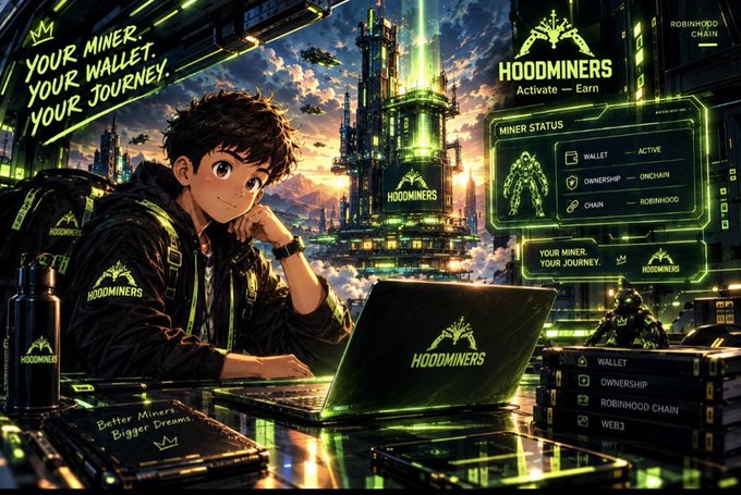 An anime-style promotional graphic for "HOODMINERS" features a young miner at a laptop with glowing green UI panels labeled "MINER STATUS," "WALLET ACTIVE," and "OWNERSHIP ONCHAIN."