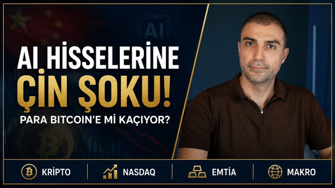 A YouTube live thumbnail shows a presenter alongside Turkish text reading "AI HİSSELERİNE ÇİN ŞOKU! PARA BİTCOİN'E Mİ KAÇIYOR?" (referencing a China shock to AI stocks and money fleeing to Bitcoin), with category tabs for KRİPTO, NASDAQ, EMTİA, and MAKRO displayed at the bottom.