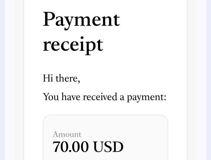 A payment receipt notification showing "You have received a payment" with an "Amount" of **70.00 USD**. The image supports the celebratory crypto Twitter post about another monthly win being deposited into the user's wallet.