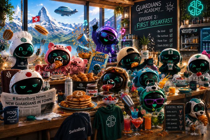 A lively scene shows robot "Guardians" enjoying breakfast in a Swiss-themed café, with visible text "Guardians Academy — Episode 2: First Breakfast," a SwissBorg newspaper headline "New Guardians in Town!," and a Cocktail Menu featuring BORG M3LTS, P3ON SH3T, G3N GHOO, BTS SUNRISE, and RO3L CLOUD. The image ties to the post's "First Breakfast" theme by highlighting the SwissBorg Guardians Academy episode while humorously showing the bartender @_Russell_Mc preparing cocktails as the others eat.